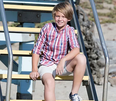 Red plaid shirt and chino shorts