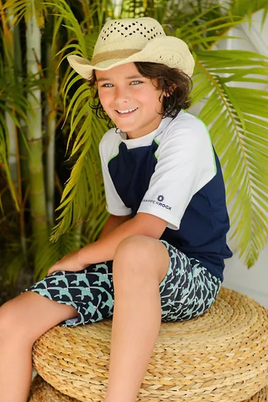Colorblock polo and printed swim shorts