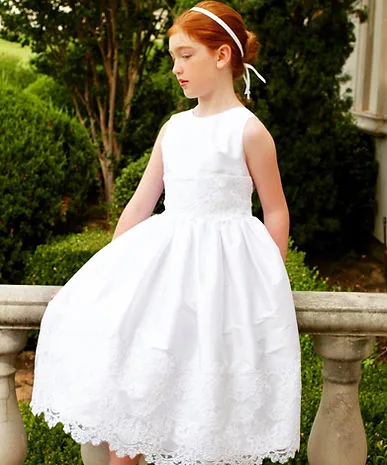 Communion dress with lace hem and satin sash