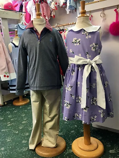 Boys' quarter-zip with khakis and a lilac floral dress