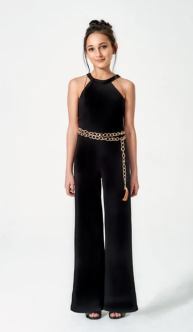 Black halter jumpsuit with chain belt